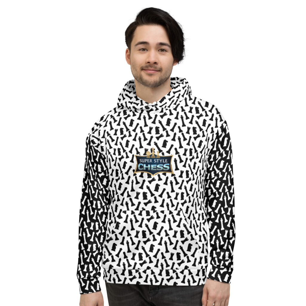 Chess Pattern White Hoodie, Black Sleeves