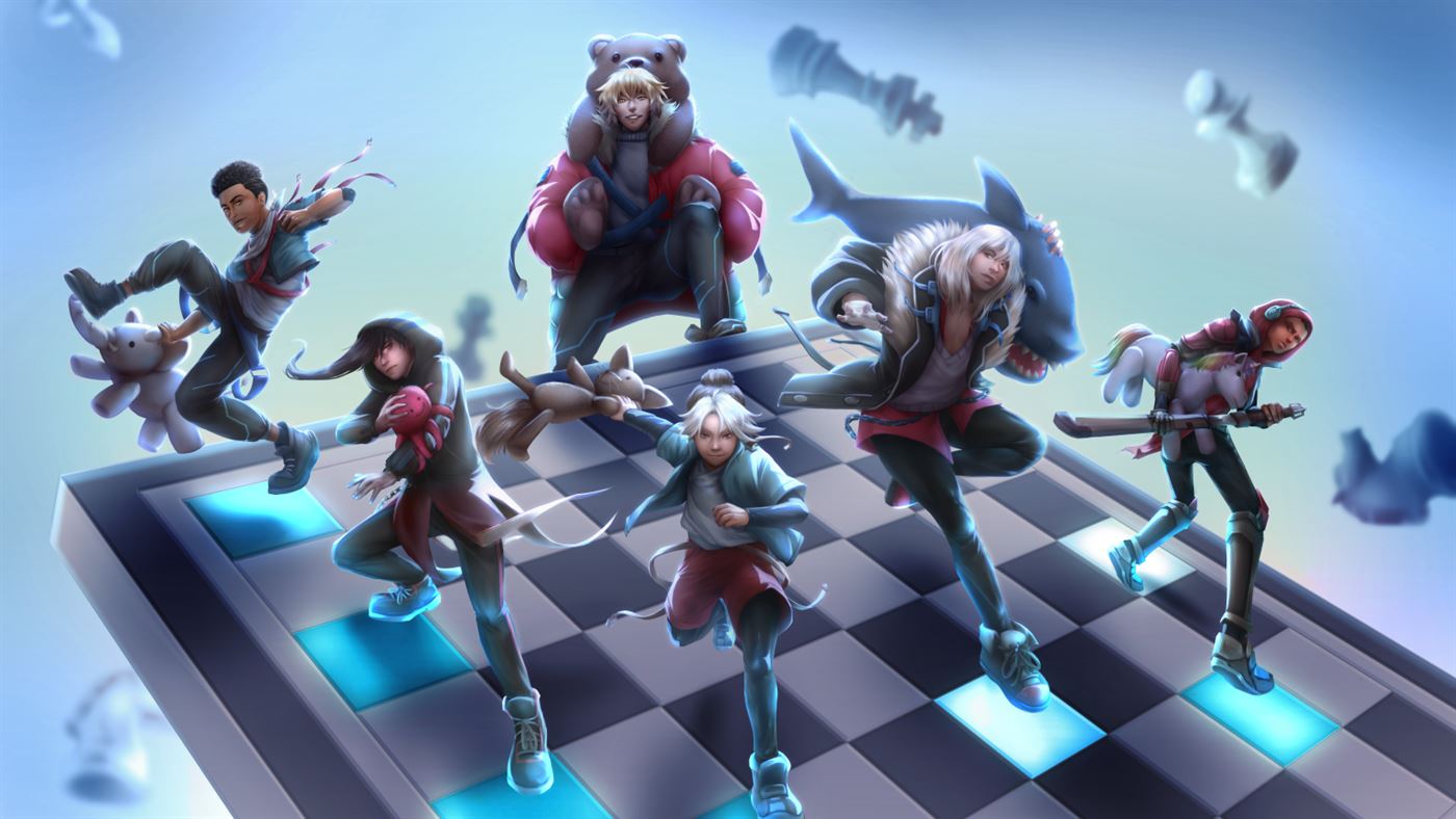 The six members of Checkmate leaping across a glowing chessboard
