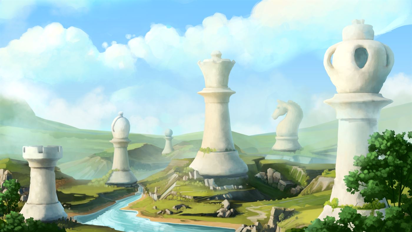 Sunlit valley with giant white chess pieces rising from green hills