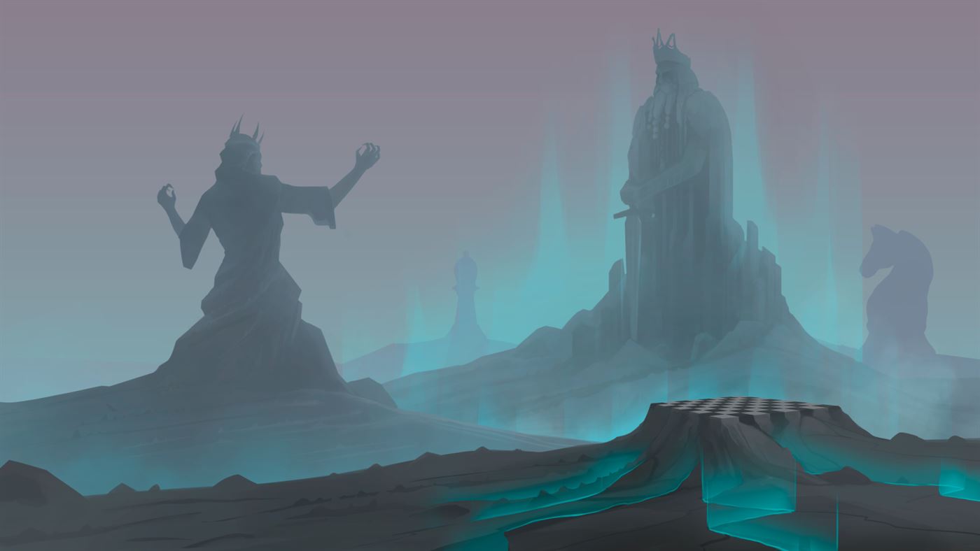 Dark misty landscape with a giant shadowy figure and glowing teal cracks