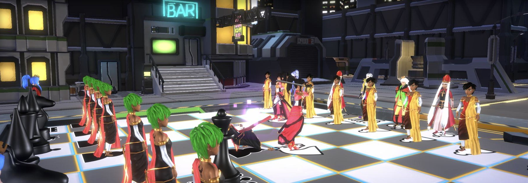 Two hero armies face off on a 3D chessboard in a neon city square
