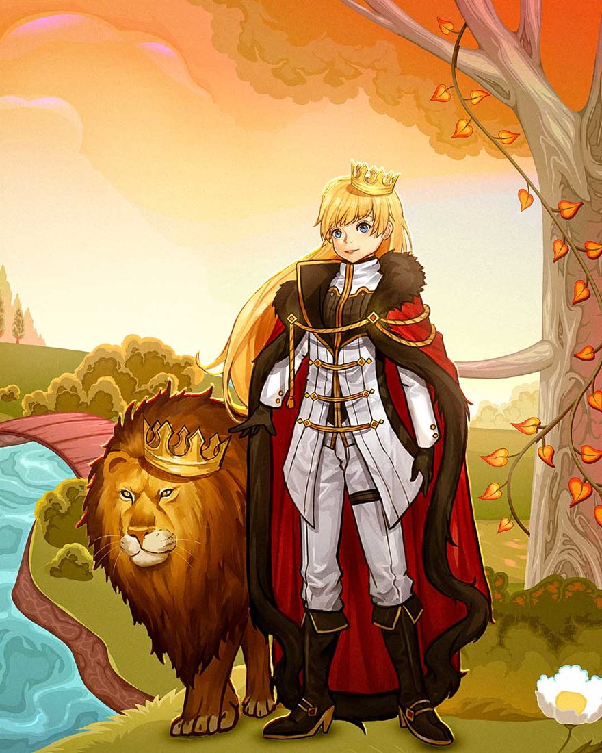 King Annie in a crown and red cape beside her lion Leon