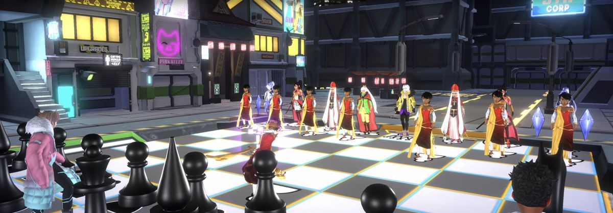 A full hero army lined up on the back rank, seen from behind the pawns