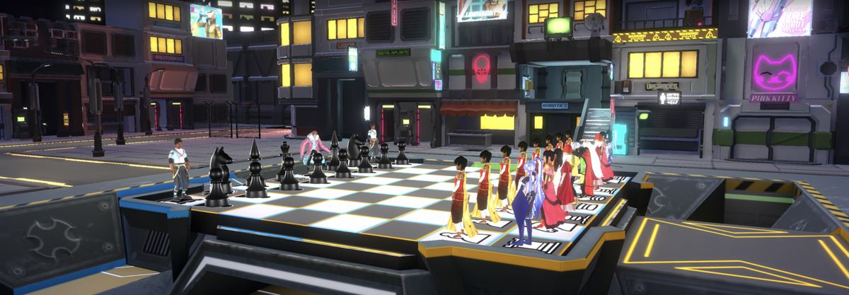 Wide shot of a chessboard in a neon city at night